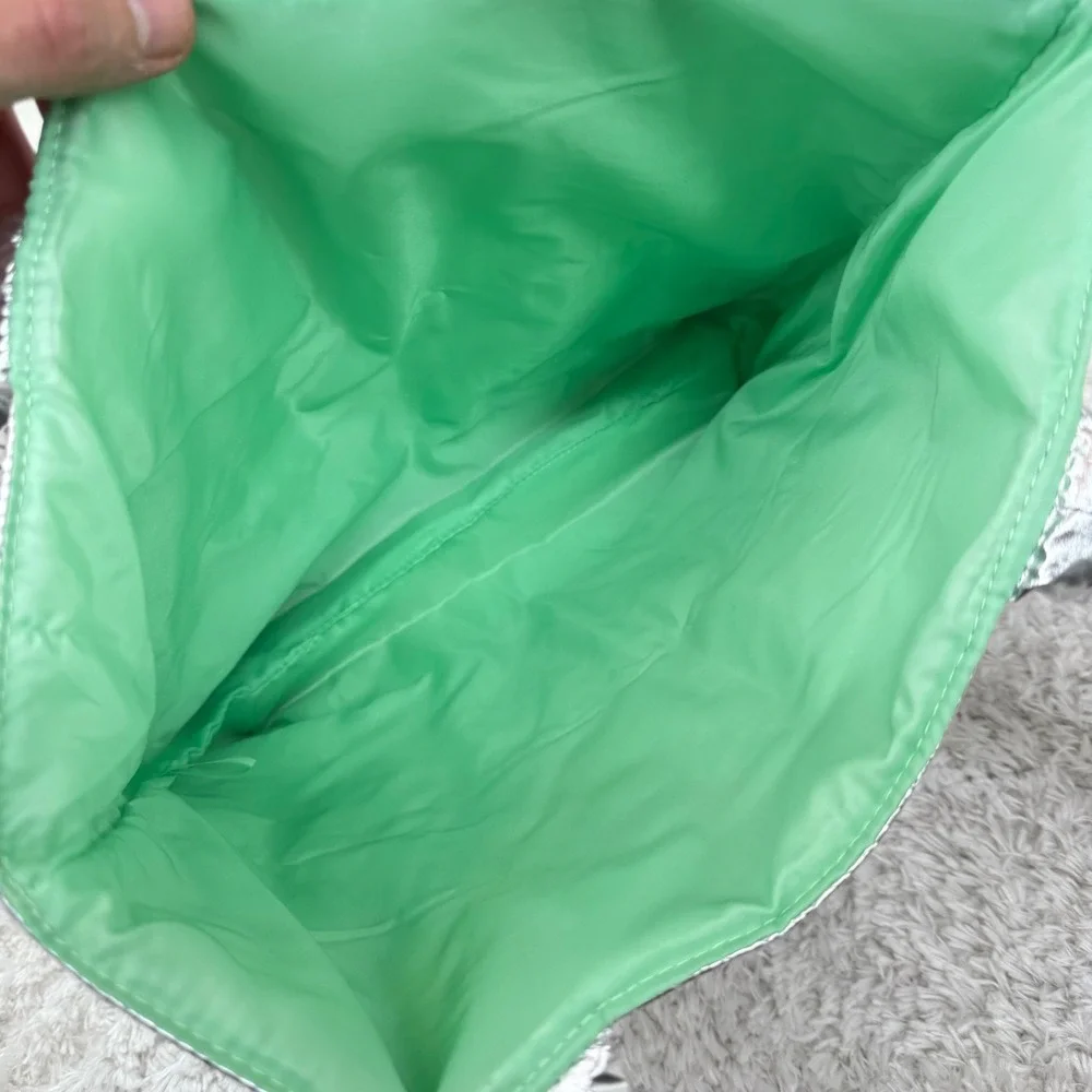 Clinique Silver Quilted Tote Bag Metallic Green Lining Shopper Makeup Puffer